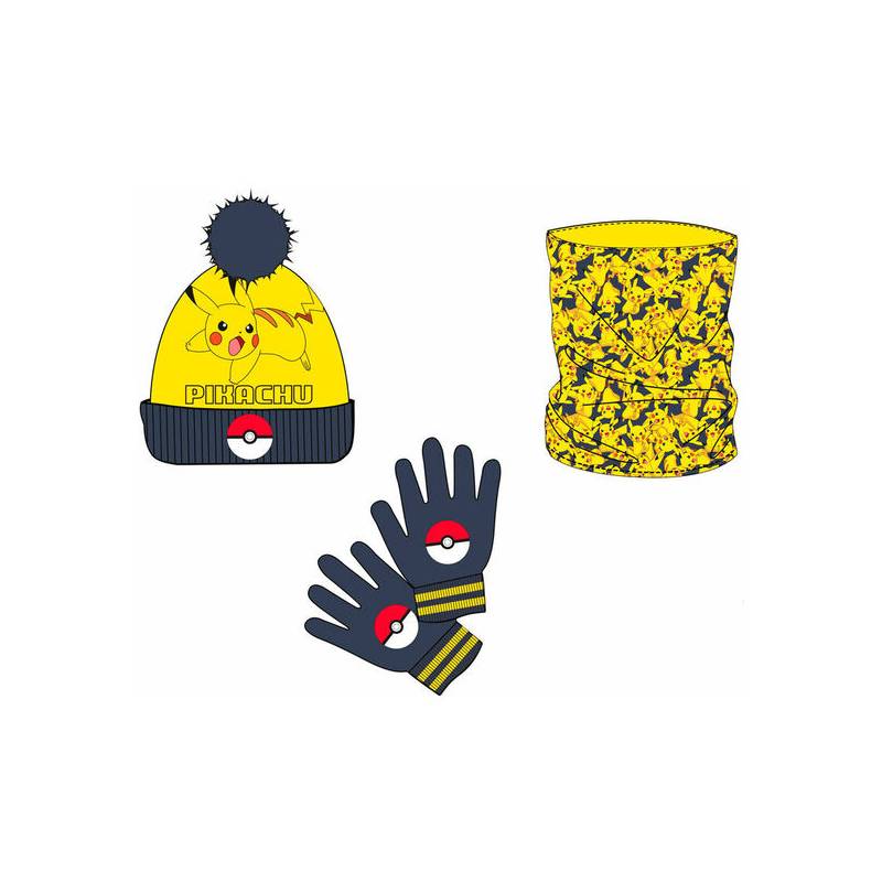 set gorro braga cuello y guantes pikachu pokemon