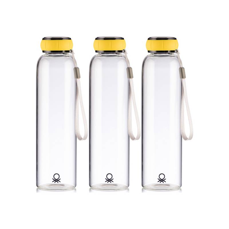 set de 3 unidades de botella de agua 550ml borosilicato tapa amarilla casa benetton