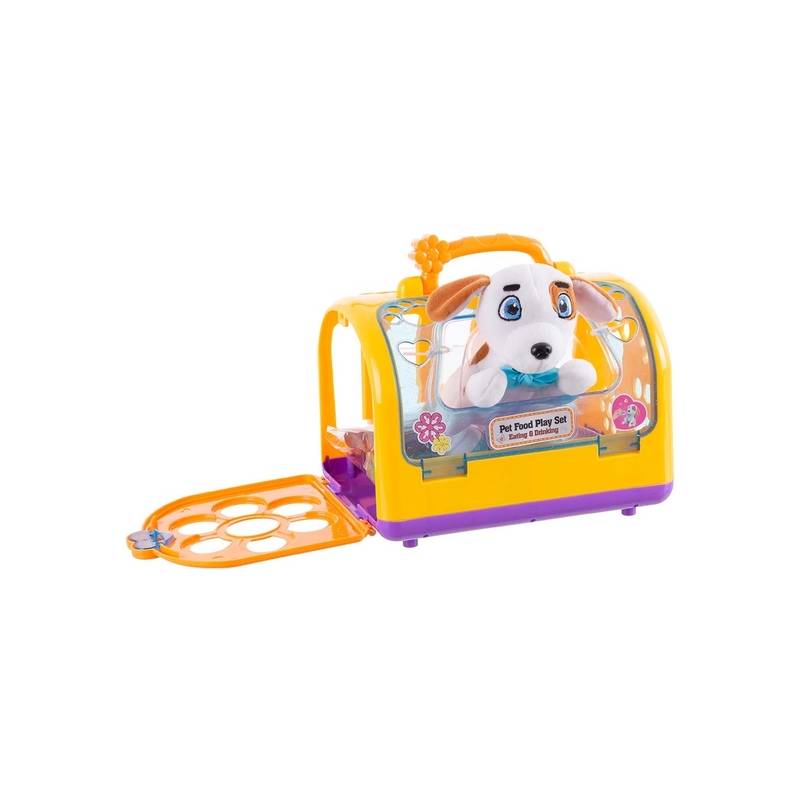 perro peluche en jaula con sonidos y accesorios 26x20x21