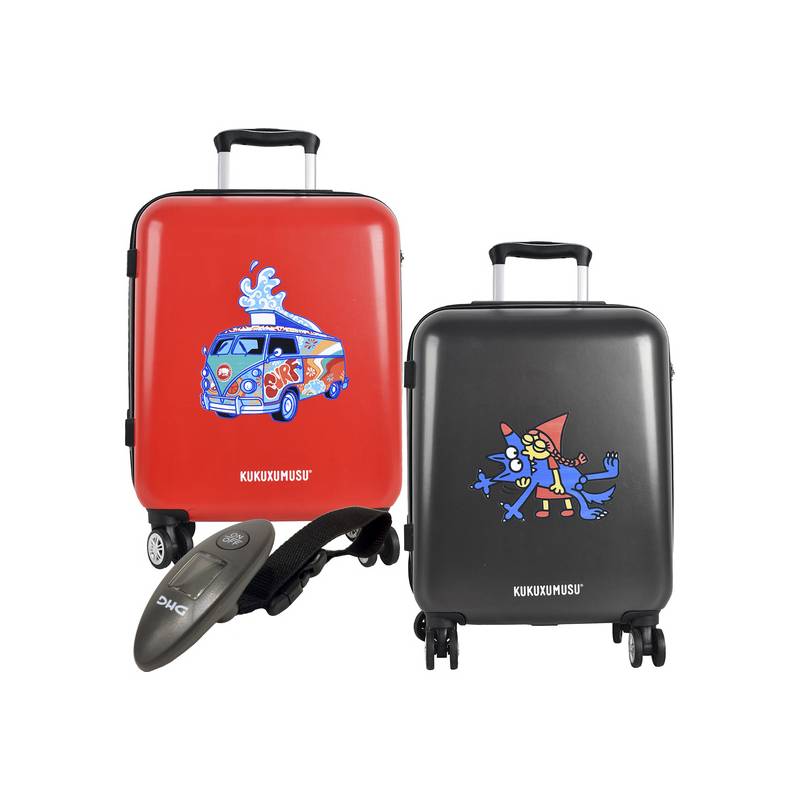 set 2 maletas de viaje azul gris y roja báscula electrónica pesamaletas