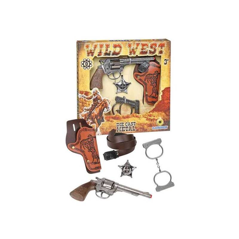 pistola 8 tiros wild west con cartuchera esposas y estrella 28x28x4 cm