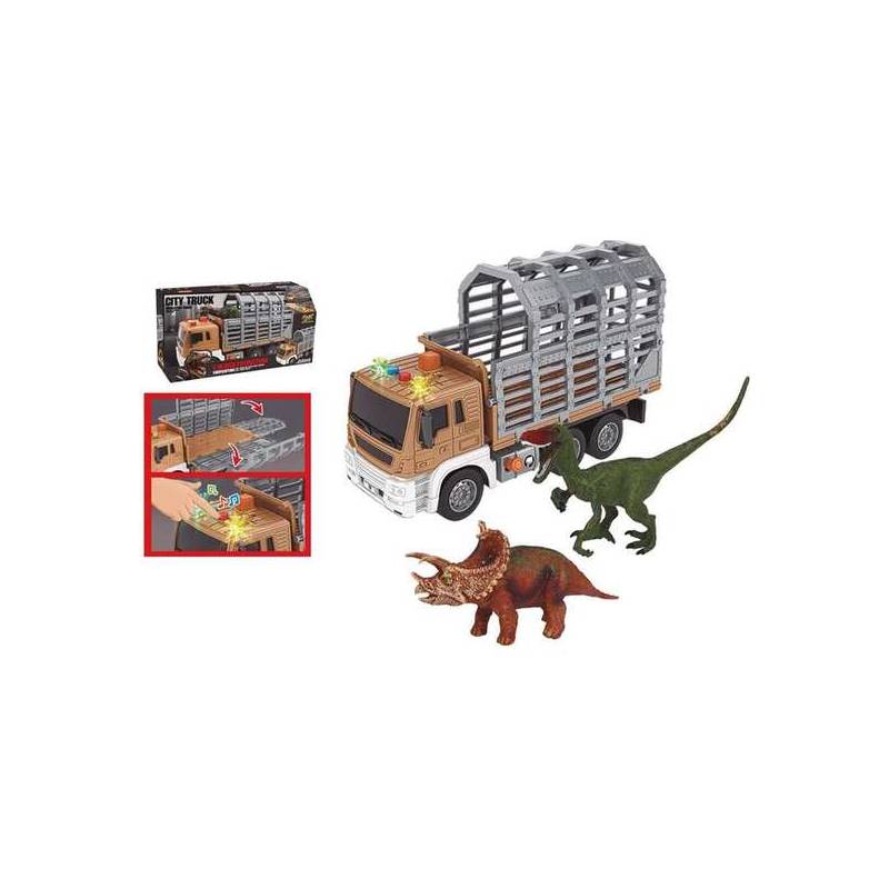 camión porta dinosaurios incluye 2 dinosaurios con luces y sonidos escala 1 16