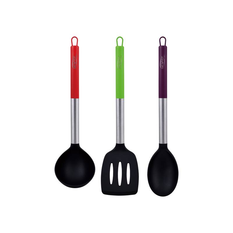 pack 2 tapas universales de cristal en color rojo y verde 3 utensilios de cocina en nylon