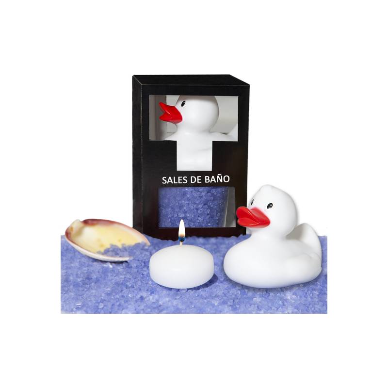 set de sales de baño lavanda 150 gr con pato bañera vela aromatica y concha