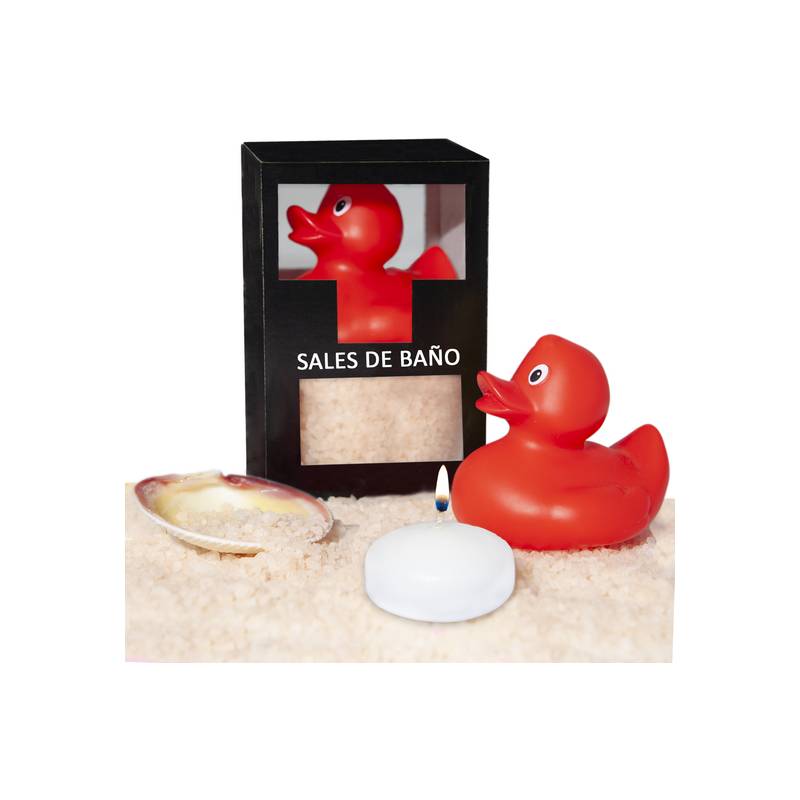 set de sales de baño vainilla 150 gr con pato bañera vela aromatica y concha
