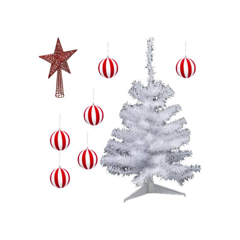 pack decoración navidad abeto blanco 70 cm con base 6 bolas navidad rayas blanca y roja estrella cresta roja guirnalda espumil